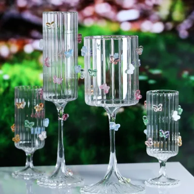 Ribbed Crystal Wine Glass with Butterfly Decor-Hand Blown Modern Design a Grade Quality for Stylish Serving