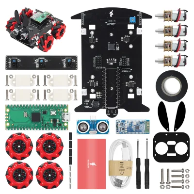 Tscinbuny Open Source Pico RP2040 Red Mecanum Wheel 4WD Rabbit PCB Smart Robot Car Kit for Arduino Programming