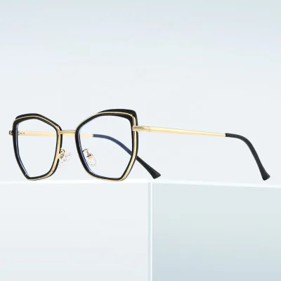 Cross-border European American Anti-Blue Light Cat Eye Fashion Polygonal Optical Glasses Trendy Women's Metal Frame