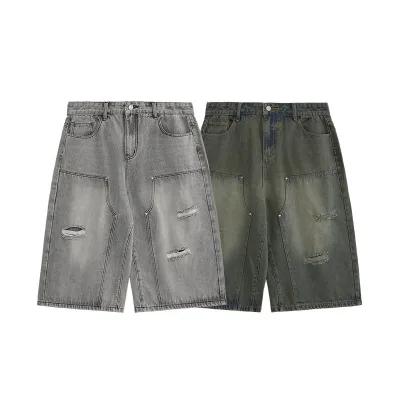 High Waist Vintage Washed Men's Cargo Shorts 7/10 Street Straight Denim Shorts Distressed Ripped Plus Sized Shorts.
