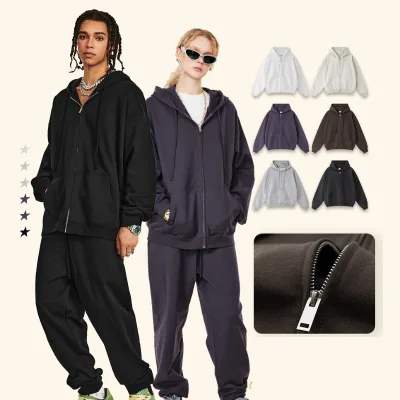 Hot Selling Customized Winter Solid Casual Loose Long-sleeved 440 GSM French Terry Oversized Zip-Up Hoodie