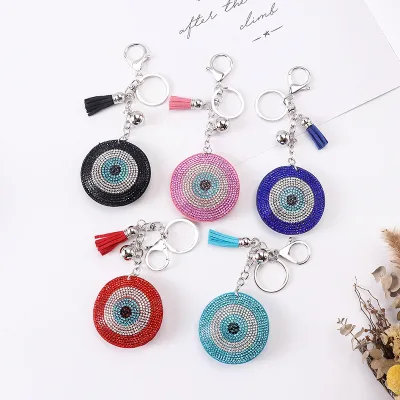 Hot Selling Blue Evil Eyes Keychain With Tassel Crystal Rhinestone Keychains for Women Good Luck Charms Bag Pendant Accessories