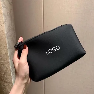 Hot Sale Small Black Neoprene Toiletry Cosmetic Pouch Custom Logo Silk Zipper Waterproof Toiletry Bag Storage Daily Use