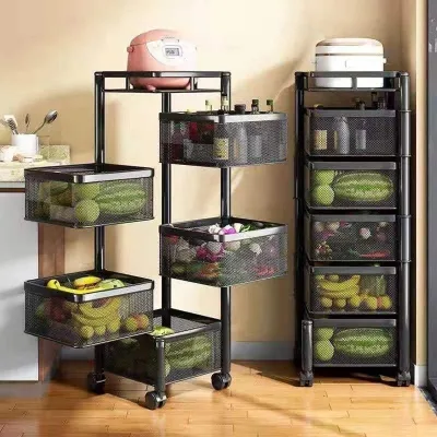 Kitchen Rotating Storage Shelves Rack With 5-Tier Metal Removable Basket Rolling Wheels