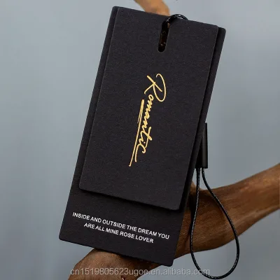 Custom Label Black hang Tag With Gold logo Recycled Paper Gold Foil logo Clothing Labels With String and Pins for Clothes