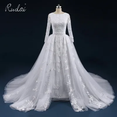Ruolai ZW00168 Elegant Muslim Long Sleeve Sheath Lace Bridal Gowns Plus Size Wedding Dresses With Removable Skirt