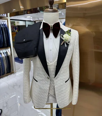 Men's Jacquard Slim Fit 3-Piece Set Breathable Printed Wedding Party Casual Hosting Suits Zipper Fly Single Breasted Closure