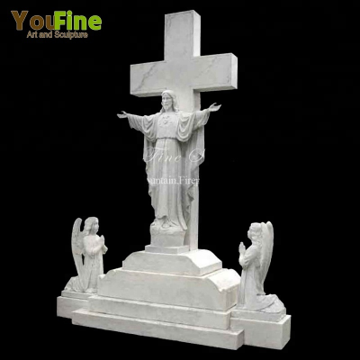 Jesus Cross Memorial White Marble Headstone for Grave