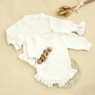 Baby Knitted Romper White Plain Custom Knitwear Frill Toddler Sweater Onesies Baby Girl Ruffle Bubble Rompers