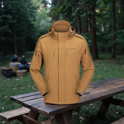 Advanced Polyester Soft Shell Jacket for Outdoor Adventures Water Repellent Windproof Lightweight Adjustable Hood for Camping