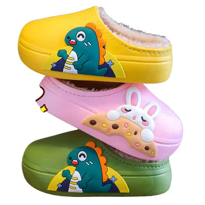 Unisex Indoor Home Plush Slippers Cute Animal Design Dinosaur Soft Warm Non-Slip Winter Slippers Fur PVC Insole Casual Kids