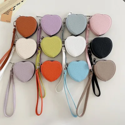 Premium Litchi PU Leather Heart Shape Earphone Bag Coin Purse with Hanging Strap Earphone Cases for Airpods 1/2 3 Pro 2