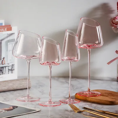 Wholesale Hand Blown Modern Pink Flamingo Beveled Crystal Wine Goblet Concave Bottom High Color Value White Brandy Cocktail Cups