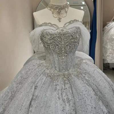 2025 Luxury Off Shoulder Exquisite Beading Wedding Dress Strapless Neckline Hand Embroidered Lace Sparkling Crystal Bridal Gown