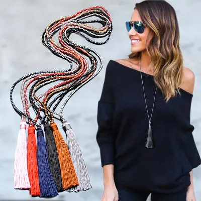 Fashion Boho  Long Tassel Beaded Pendant Necklace Popular Gemstone Crystal Glass Bead Necklace for Women