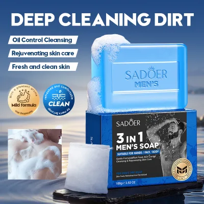 OEM Sadoer 3 in 1 Men Soap for Face Hair and Body Cleansing with Cologne Fragrance Oil Control Formula 100g