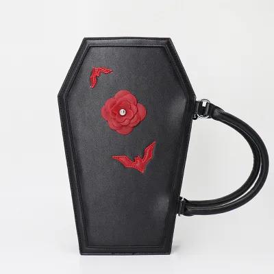 Custom Bag Design  Coffin Shape Purse Black Pu Leather Gothic Shoulder Bag with 3D Ross and Bat Deatils