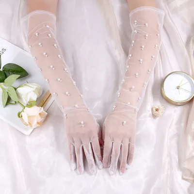 Sheer White Lace Wedding Gloves Sweet Bridal Elbow Style Gloves for Celebrations