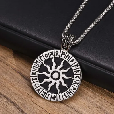 Vintage Black No Tarnish Coin Stainless Steel Jewelry Men Charm Viking Rune Sun Necklace Pendant Necklace