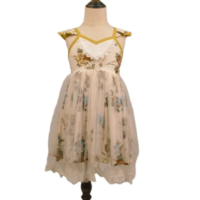 Wholesale Sleeveless Dresses Lace Mesh Princess Cake Clothes for Kids Children Floral Print Cotton Linen Suspender Dress