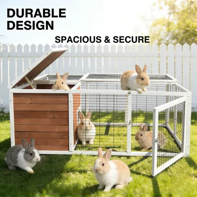 Durable Modern Wooden Bunny House Secure Wire Mesh Easy Access Doors All-Season Weather Resistant Pet Enclosure for Living Room
