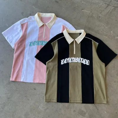 High Quality Custom Silk-screen Printing Men's Casual Patchwork Color Block Zip up Boxy Fit Short Sleeve Polo t Shit