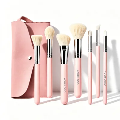New Copper Ferrule Wood Handle Custom Logo 7-Piece Travel Makeup Brush Set for Artists with Concealer and Bag