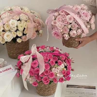 JOYWOOD Grass Woven Flower Basket Circular Hugging Bucket Flower Bouquet Flower Basket Shop Materials