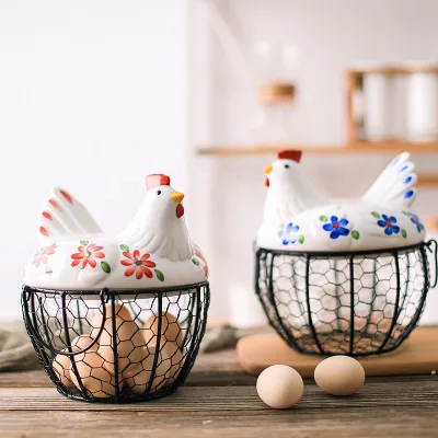 Ceramic Hen Storage Basket Iron Egg Basket Potato Garlic Container Fruit Storage