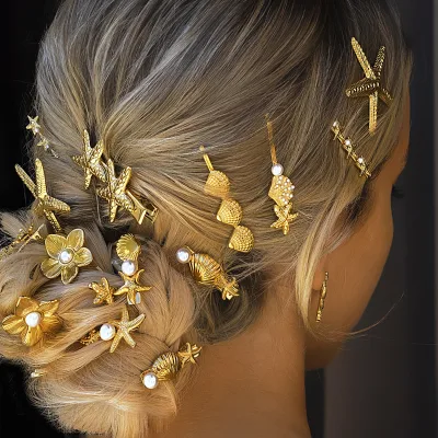 18k Gold Plated Waterproof Stainless Steel Hair Clip Bow Heart Pearl Flower Christmas Hair Accessories Jewelry for Girls Women