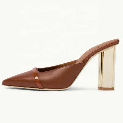 Genuine Leather Women Chunky Heels Mules Custom Logo Slip on Summer Sandals Pointy Toe Slides Shoes Ladies Slippers Pumps