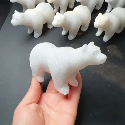 Wholesale Crystal Healing Stone Carving Bear Figurine Natural Hand Carved White Jade Crystal Bear for Decoration
