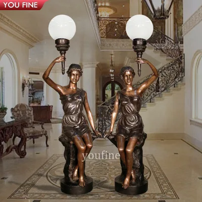 Custom Life Size Bronze Lady Sitting Rock Torchiere Floor Lamp
