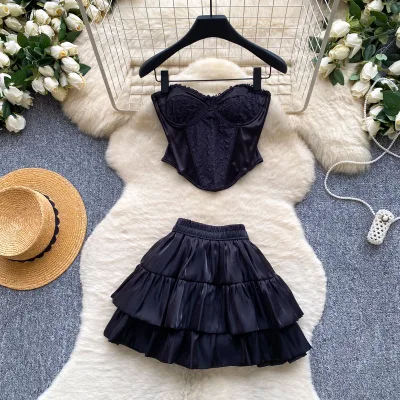 Women's Summer Strapless Lace Trim Corset Top Elastic Waist Tiered Ruffle Mini Skirt 2 Piece Party Club Outfit Set