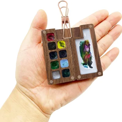 2024 8Grids Mini Wooden Watercolor Palette Box Travel Pocket Paint Palette Portable Watercolor Palette With Watercolor Pad Clip