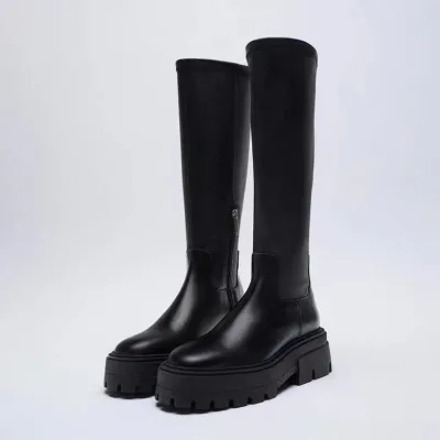 Womens Knee High Boots with Microfiber Leather Upper Rubber Lug Sole Side Zip for Everyday Wear and Seasonal Style for Women
