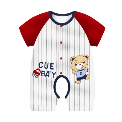 Red Short Sleeves Toddlers Women Jumpsuits And Rompers Sets For Baby With Stripes And Cartoon Pattern
