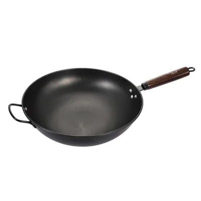 Wok Frying Refined Iron Wok With Wood Round Pattern Non-stick Pan Does Not Rust Wholesale
