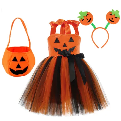 Halloween Cosplay Ghost Costume Pumpkin Skirt for Girls Children's Dance Dress Holiday Performance Outfit Nylon