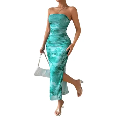 Women's Strapless Tie Dye Print Ruched High Slit Bodycon Midi Dress