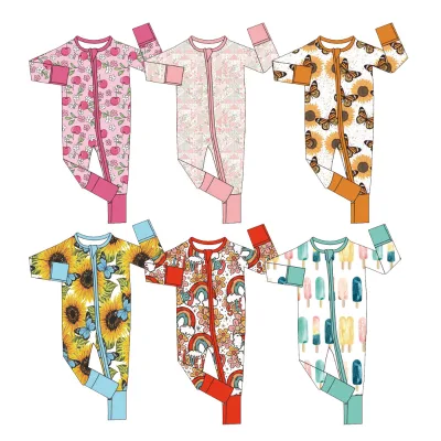 Boutique Factory Wholesale 95% Bamboo 5% Spandex Baby Crawlers Custom Printed Unisex Zipper Baby onesies