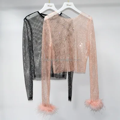 HM015 Glitter Rhinestone Crystal Sexy Mesh Crop Top Shirt Fishnet See Through Breathable Mesh Tank Tops