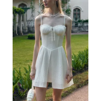 Customized Color Women's Elegant Lace Splice Summer Dress Casual Knee Length Empire Waistline Halter Solid Worsted Zipper