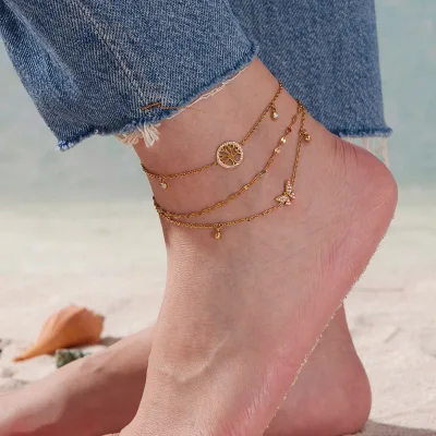 Full Diamond butterfly Tassel Zircon Fine Circle Anklets, Ins Style, Fashionable and Fresh, Stainless Steel Color Retention