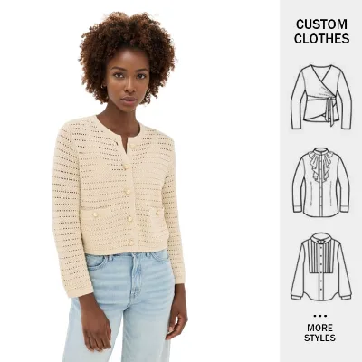 Customized Wholesale Retro Fashion Beige Round Neck Knit Hollow Single Breasted Pocket Long Sleeve Women's Short Tops