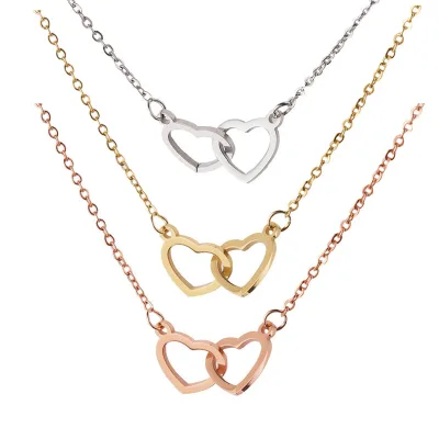 Stainless Steel Double Loving Heart Pendant Interlocking Love Pendant Necklace Heart Necklace of Bridal Anniversary