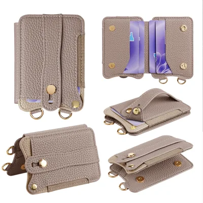 Fashion Litchi Grain Leather Back Card Wallet with Sliding Finger Ring Holder Crossbody Lanyard D Ring Phone Accessory Wholesale