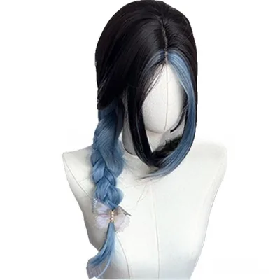 Medium-parted Long Straight Hair, False Hair, Blue Highlights, Black Wig, Female Long Straight Hair