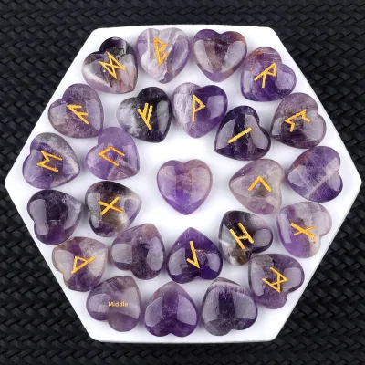 25pcs Engraved Crystal Pocket Palm Stone Natural Dream Amethyst Heart Rune Stones Set for Divination Witchcraft Decor