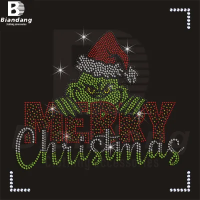 Custom Low Minimum Merry Christmas Design Iron-On Diamond Transfer Bling Holiday Design Rhinestone Transfer for Garment